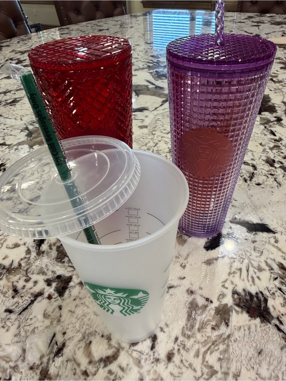 (3) Starbucks Frosted Cup with 24oz Red 24oz Purple Grid Studded Tumblers